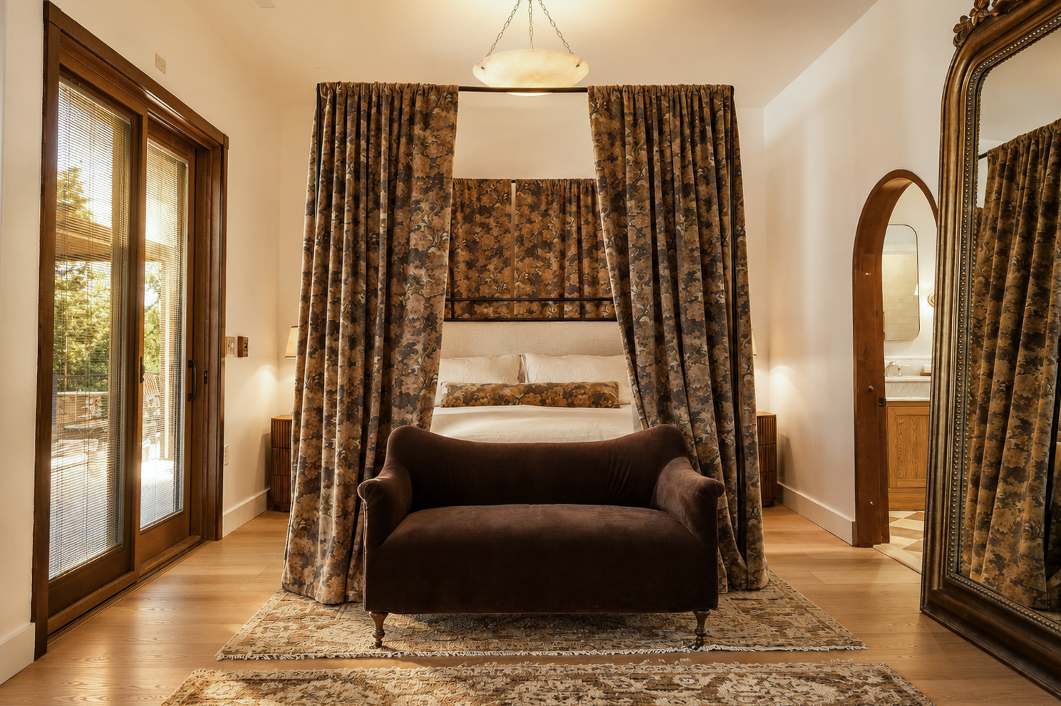 Bedroom with canopy drapes and velvet settee