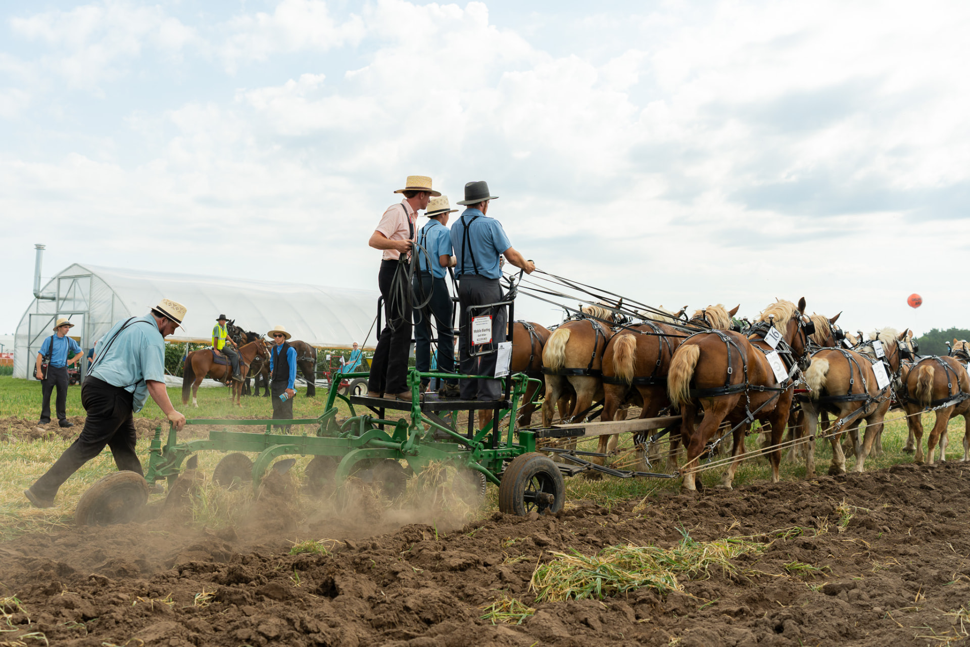 Draft horse team pulling a plow at an outdoor agricultural event